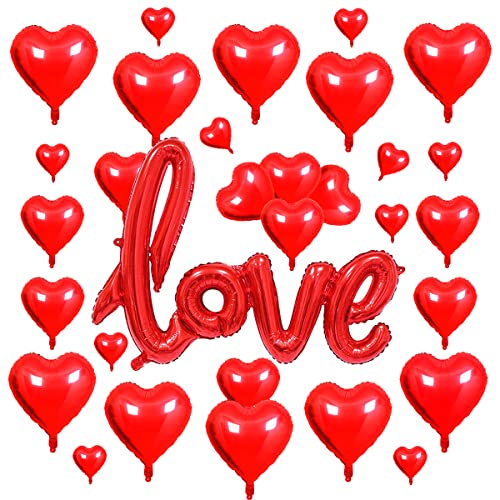 30PCS Red Heart Balloons Heart Foil Balloons + Love Balloon, Heart Balloons Helium Romantic Valentines Balloons for Confession Propose Wedding Anniversary Dating Valentine Decoration, 5" 10" 18"