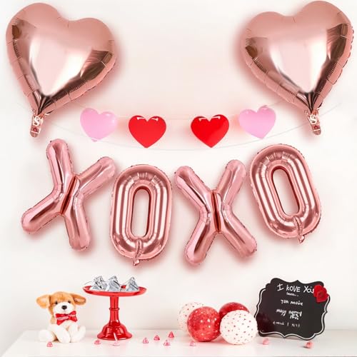 Image of Rose Gold XOXO Heart Balloons 6 Pcs Valentines Day Balloons Heart Shaped Balloon XOXO Foil Balloon Letters for Girls Women Anniversary Sweet Valentine Day Romantic Decor Special Night Party