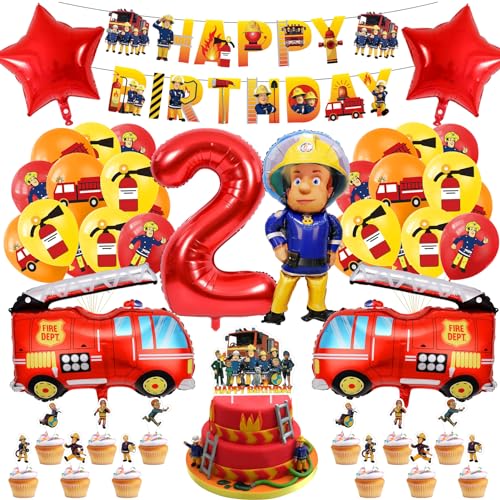 Pompier Décoration d'anniversaire garçon 2 ans, camion de pompier, ballons et 32 pièces