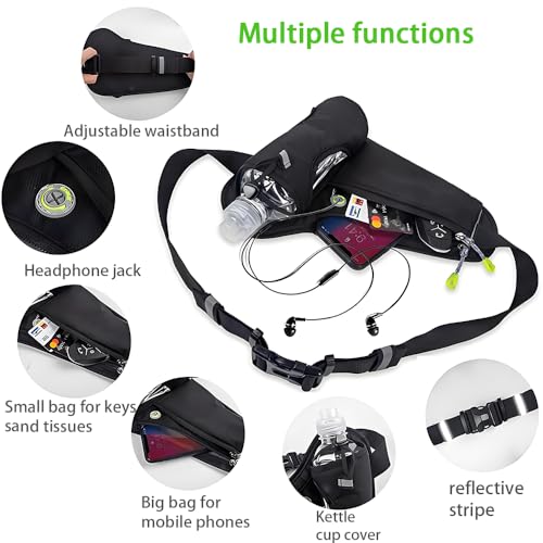 Roysmart Laufgürtel für Handy, Hüfttasche, Gürteltasche mit Flaschenhalter, Verstellbar Hüfttasche Damen und Herren, Bauchtasche für Trinkflasche zum Joggen, Laufen, Sport, Fitness (Schwarz)