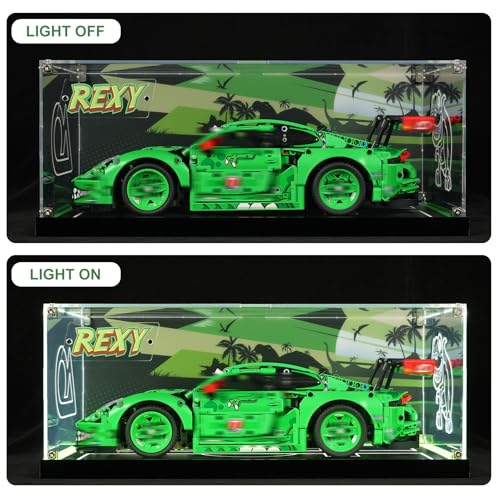 Image of Acrylic Display Case for Lego 42224 Porsche 911 GT3 R Rexy AO Racing Car, Dustproof Acrylic Showcase Box with with LED Lighting(Only Case - Model Not Included)