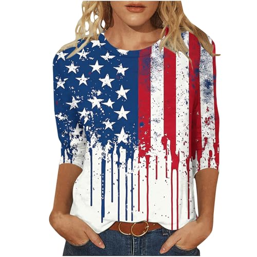 Image of Fourth of July Shirts for Women 3 /4 Sleeve Summer Tops American Flag Print T Shirt Patriotic 4th of July Shirts 2025