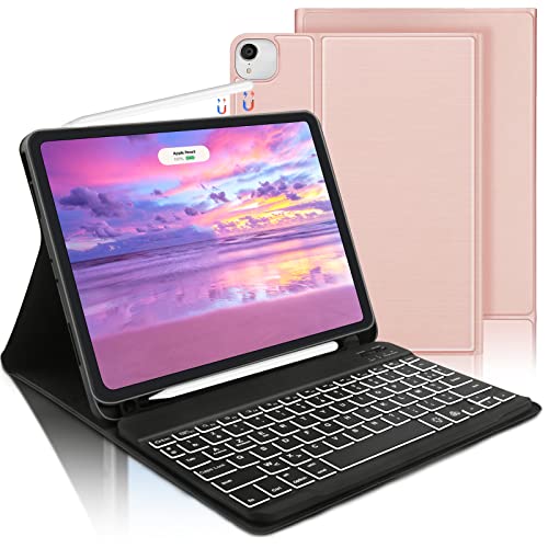 AVNICUD Clavier Étui pour iPad Air 5 2022/Air 4 2020 10.9'', iPad Pro 11'' 2021/2018/2020 (3e/2e/1e Gén.), Clavier Rétroéclairé Détachable Coque Housse avec Fente, AZERTY Français, Or Rose Cover