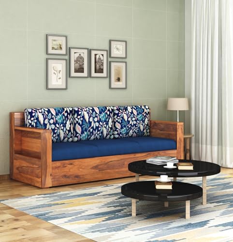 Image of Sheesham Wood 3 Seater Sofa Set with Cushion for Living Room Home Hall Wooden Sofa for Hotel Office (Honey Finish)