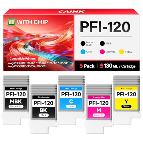 Image of PFI-120 Pigment Ink Tank Kit 130ml 5-Pack Replacement for Canon PFI-120MBK PFI-120BK PFI-120C PFI-120M PFI-120Y Ink Cartridges Compatible for Canon imagePROGRAF TM-200 TM-205 TM-300 TM-305 Printer Ink