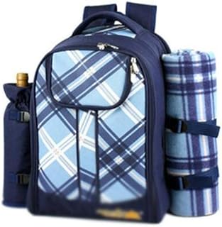 Sac à Dos Pique-Nique pour 4 Personnes avec Compartiment Refroidisseur, Bouteille Amovible/Porte-vin, Couverture en Molleton, plaques et Couverts (Color : Blue, Taille : with Cutlery)