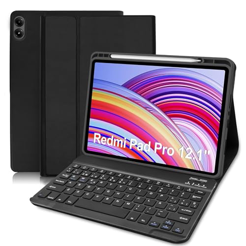 COEZFE Funda Teclado para Redmi Pad Pro 12.1” / Xiaomi Poco Pad 12.1” 2024, Funda con Magnético Desmontable Bluetooth Español Ñ Teclado para Redmi Pad Pro 12.1 Pulgadas, Negro