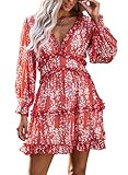 Dokotoo Womens Cute Fall Fall Casual Sexy Deep V Neck Ruffle Chiffon Lantern Long Sleeve Elegant Floral Printed Boho Hawaiian Flowy Mini Short Skirt Dresses for Women Party 2022 Medium