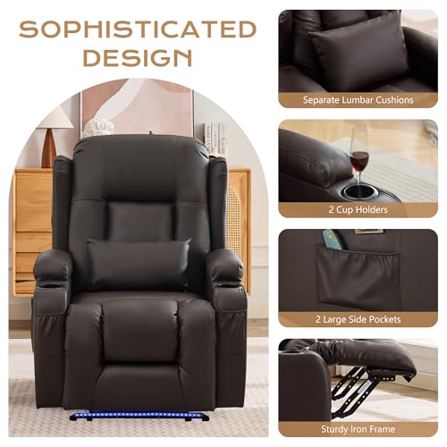 Image of URRED Recliner Chair with Massage and Heat, Power Reclining Sofa Chair Home Theater Seating with LED Ambient Light, USB Ports, Cup Holders, Side Pockets, Faux Leather (Brown, Set of 1)