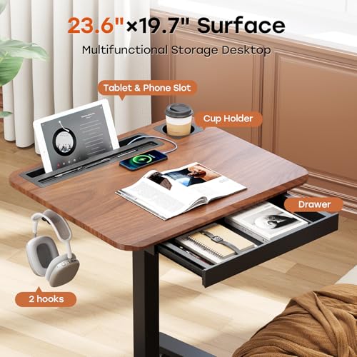 Image of Small Mobile Standing Desk with Drawer, 23.6 inchx19.7 inch Rolling Laptop Cart on Wheels, Height Adjustable Sit Stand Computer Workstation with Storage for Compact Space, Dark Wood