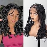 lounoke 18 Inch Braided Wigs With Curly Ends, 360 Single Full Lace French Curl Braided Wigs for Black Women Knotless Box Braid Wig with Baby's Hair
