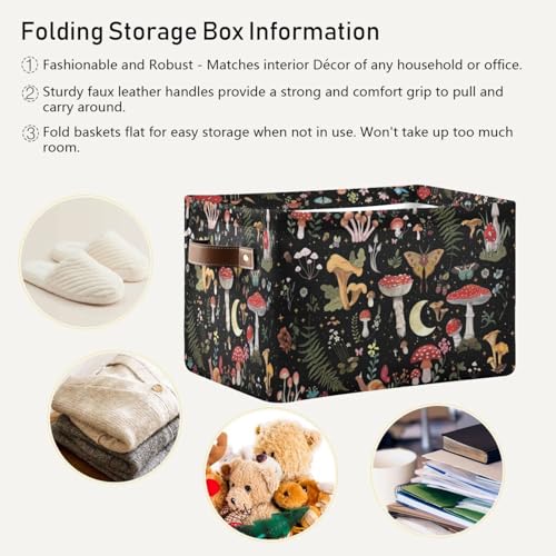 Image of Mushroom Gothic Witch Storage Basket Bin for Shelves Closet Fern Leaves Foldable Fabric Storage Box Cube with Handles Kids Gifts Toy Clothes Shelf Basket Organizer for Bedroom Nursery Home Decorative