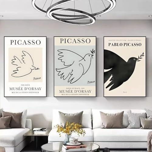 Affiche Picasso Oiseau et Kanagawa rétro en grand format 3 toiles pour habiller vos murs nus