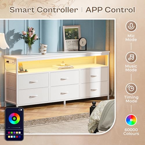 Huuger LED TV Stand for Bedroom, 55 Inch Fabric Dresser with Power Outlets, Entertainment Center for 60, 55, 50 Inch TV, 6 Drawer Dresser for Bedroom, Chest of Drawers with Shlef, PU Leather, White
