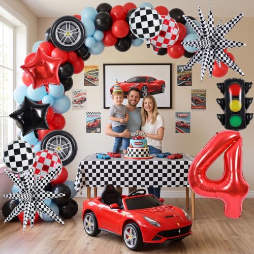 Image of TONIFUL Race Car Party Balloons Set - 40 Inch Red Number 4 Foil Balloon with Checkered Round, Explosion Star & Star Balloons for Boys 4th Birthday Car Themed Decorations, Photo Backdrop Supplies