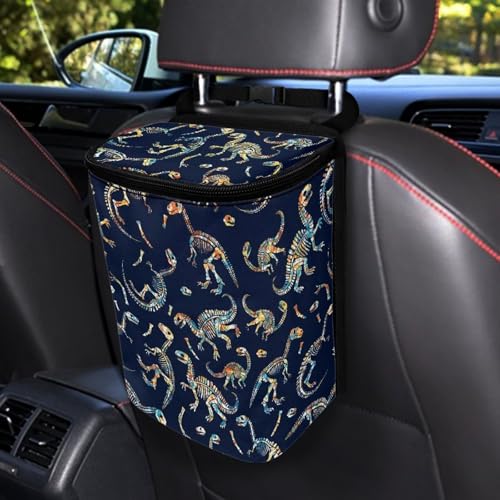 Image of Dinosaur Print Car Accessories Back Seat Multipurpose Cars Trash Can with Lid, Leak Proof Waterproof Hanging Car Garbage Can for Road Trip Travel
