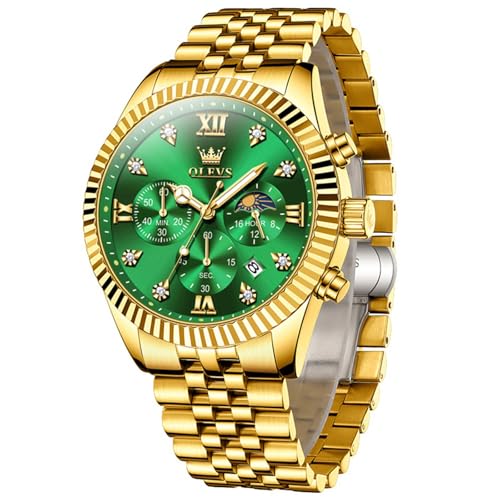 OLEVS Orologio Uomo Oro Acciaio Inossidabile Lusso Numeri Romani Diamante Verde Quadrante Grande Cronografo Orologi Fase Lunare Luminoso Impermeabile Analogico Watches for Men OLEVS Orologio Uomo Oro Acciaio Inossidabile Lusso Numeri Romani Diamante Verde Quadrante Grande Cronografo Orologi Fase Lunare Luminoso Impermeabile Analogico Watches for Men