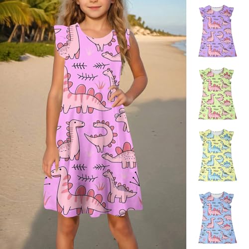 Girls Flutter Sleeve Summer Dress Cute Cartoon Dinosaur Print Loose A-Line Princess Swing Dresses for Kids 4-14 Years2