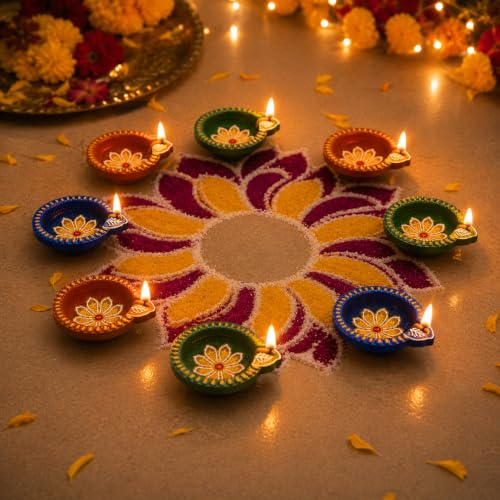 Image of Pure Source India Decorative Terracotta Handmade Design Diya Suitable for Diwali, Festive Occasion, Pooja /Mandir /Temple (3 X 3.5 X 1 INCH) (Multicolour) (4 PCS)