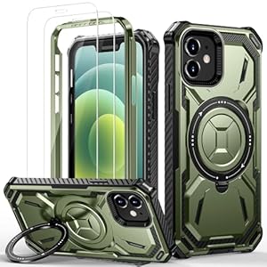 Lanhiem für iPhone 12 Hülle, für iPhone 12 Pro Hülle mit 2 Stück Schutzfolie, 360 ° Ring Ständer Schutzhülle, Militärischer Stoßfest Handyhülle für iPhone 12/12 Pro Case, Grün