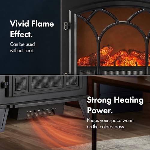 VonHaus Electric Stove Heater 1850W – Electric Fireplace – Indoor Log/Wood Burner Effect, Freestanding Fire, Portable, LED Flame, 2 Heat Settings, Adjustable Thermostat, Black – 2 Year Warranty - Image 4