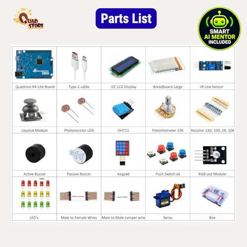 Image of Quad Store Project Kit for Uno R4 Compatible with Arduino IDE | Build games, smart devices & robotics projects. Features AI mentor for coding help and DIY STEM projects.