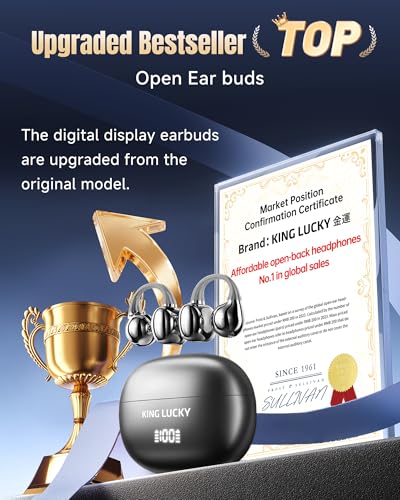 Image of King Lucky Open Ear Earbuds Clip-On Bluetooth 6.0 Wireless Headphones with Mic, 50H Playtime, ENC Clear Calls, IPX5 Waterproof, Comfortable for Small Ears Sports Gaming (Black, Digital Display)