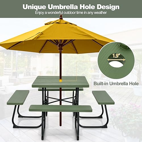 Image of Tangkula 8 Person Picnic Table, Outdoor Square Picnic Table with 4 Built-in Benches, Umbrella Hole, Metal Frame & HDPE Tabletop, Outside Table and Bench Set for Backyard, 2300lbs Weight Capacity