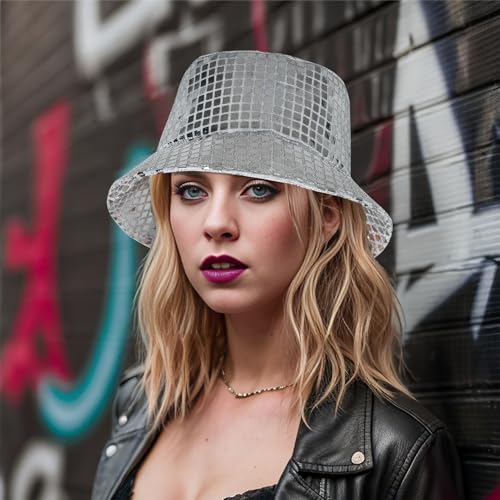 Image of Unisex Metallic Bucket Hat Waterproof Holographic Bucket Hat Fishing Hat Trendy Hip Pop Sun Cap