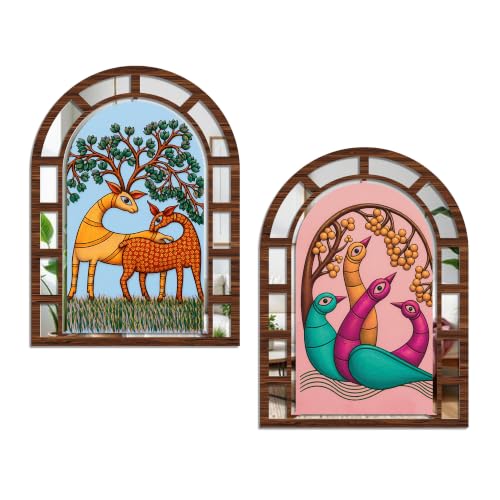 Image of Artvibes Nature Home Wall Decoration | Jharokha Mirror | Wall Hanging Decor for Living Room, Bedroom, Hall, Dining Room, Foyer, Office & Entryway | Gift (WH 12040N), Set of 2