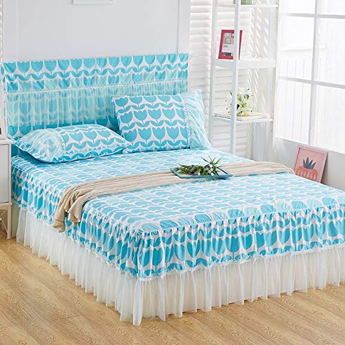 ASDFF Sheets Romantic Lace Bed Skirt Sanding Soft Bedspreads Fashionable Fitted Sheet Twin Queen Bedspread for Girl Room Home Decoration 3pcs Design 150x200 Blue
