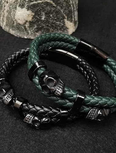 Skull Braided Leather Mens Bracelet, 14K Black/White Gold Plated Skeleton Cuff, 316L Stainless Steel Jewelry for Father Husband Son Friend2