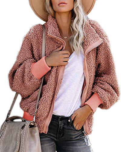 Womens Sherpa Full Zip Faux Fur Jackets Long Sleeve Fleece Fuzzy Lapel Flutty Shearling Winter Warm Outwear Brick Red