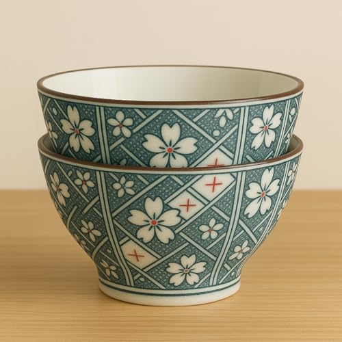 Image of Lellow Premium Ceramic Bowl Set of 4 - Handcrafted Blue Checkered Print Bowls for Soup, Noodles, Snacks & Desserts - Microwave & Dishwasher Safe, 300ml