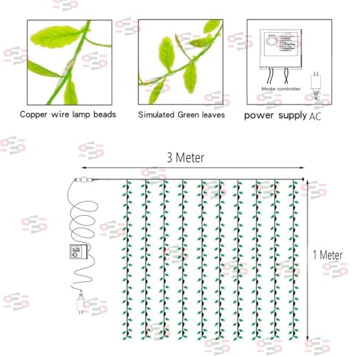 Image of MoonlitDreams Artificial Leaf Curtain Lights - 200 LED Warm White Fairy String Lights, 3x1m, Remote Control with 8 Lighting Modes for Home, Wed