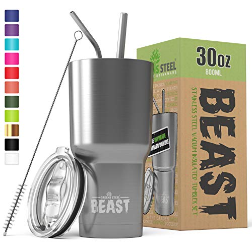 Beast 30 oz (800ml) Tumbler Stainless Steel Vacuum Insulated Coffee Cup Double Wall Travel Flask with Splash Proof Lid, 2 Straws and Free Cleaning Brush – Premium Quality Gift Bundle by Greens Steel