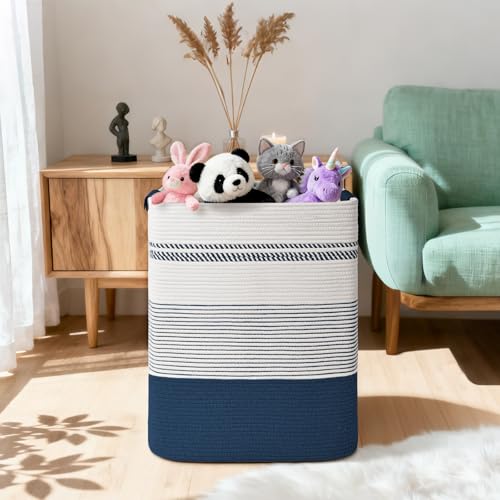 Image of Laundry Hamper, 95L Tall Laundry Basket with Leather Handles, Rectangle Large Clothes Hamper for Organizing, Cotton Woven Laundry Baskets Storage Hampers for Bedroom, Nursery, Living Room