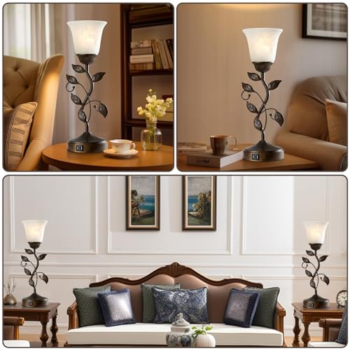 RORIANO Touch Bedside Table Lamp, Vintage Nightstand Lamp with 2 USB Ports for Living Room, 3 Way Dimmable Leaf Lamp Retro Table Lamp for Bedroom with White Glass Shade, LED Bulb Included - Image 5