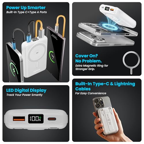 Image of Lifelong Electronics 10000mAh MagSafe Wireless Power Bank | 2 Cables - Lightning & Type C - for Wired Fast Charging | Powerbank for iPhone, iWatch and All Qi Enabled Phones & Devices | Display & Stand