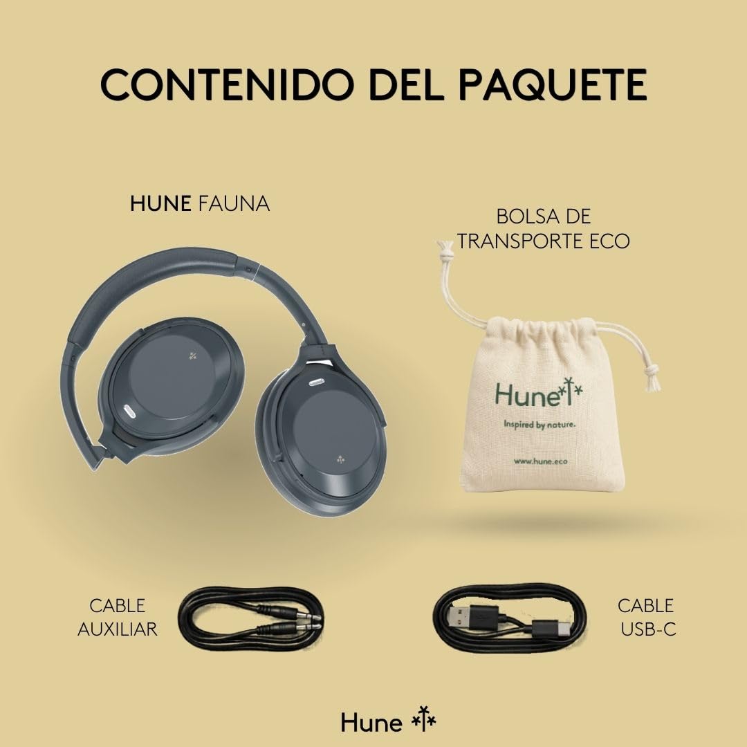 HUNE Auriculares Inalámbricos Over-Ear con ANC y Modo Ambiente, 100h Autonomía, Cancelación de Ruido Activa, Cascos Bluetooth Diadema Fauna