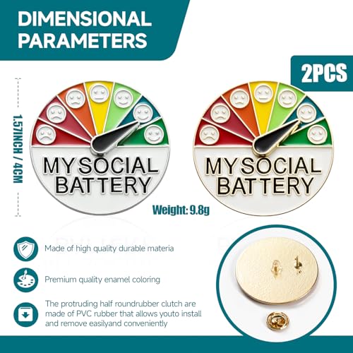 Image of 2PCS Round Social Battery Pin,My Social Battery Slider Pin,Funny Interactive Brooch Pins Lapel,Mood Enamel Pins 7 Days a Week for Backpacks Hat Bags Scarves Clothing(Gold,Silver)