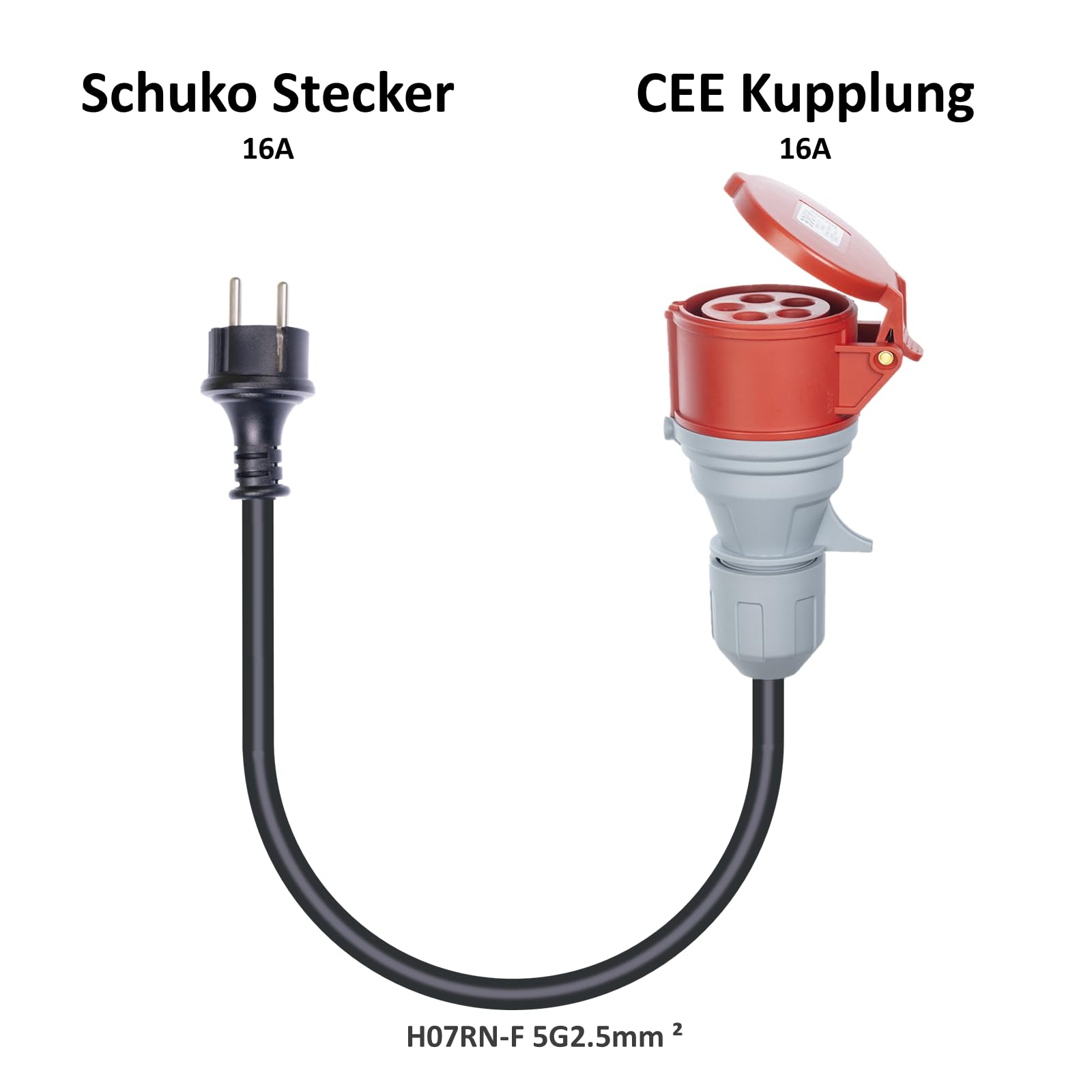 CEE Adapterleitung 16A 5-polig auf Schuko Stecker, IP44 Wasserfest, 70cm H07RN-F 3G2,5mm² Gummischlauchleitung - Stromadapter für Werkstatt, Camping & Baustelle - Schuko auf CEE 230V (Schuko-CEE16)