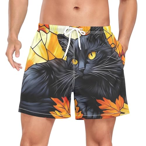 Mens Swim Trunks with Liner, Cat Black Stain Glass Cool Quick Dry Beach Swim Shorts, Swimwear Bathing Suits S