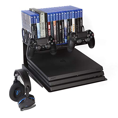 Borangame Soporte de Pared para Playstation 4 Normal / PS4 Pro / PS4 Slim Y Xbox 360 / One/One S/One X - Base Horizontal, Metálico con Ventilador Silencioso y Soporte para Mandos, Auriculares y juegos