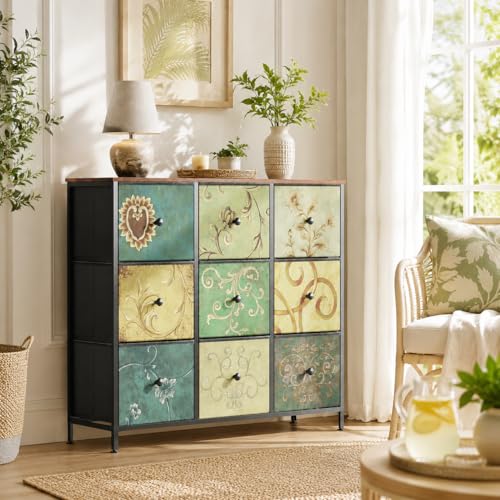 SUNFECILI Cómoda con Tela, Mueble de almacenaje para Dormitorio Vintage, aparador, Estampado Floral Retro, cómoda para Cocina, Oficina, Pasillo, salón (9 cajones(2))
