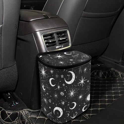 Image of Moon and Star Car Trash Can with Lid - Leak Proof Car Trash Bag Hanging Waterproof Garbage Can - Multipurpose Storage Container for Back Seat Road Trip, Black