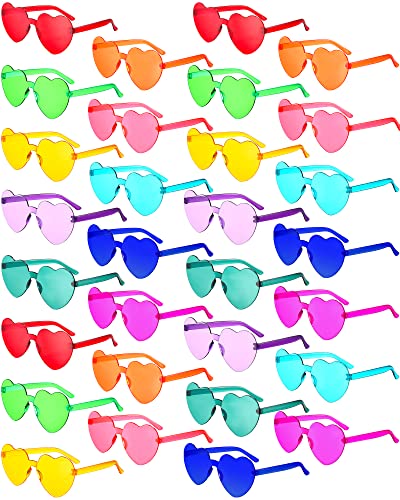 Yunsailing 30 Pcs Heart Glasses Bulk Heart Shape Sunglasses Rimless Color Sunglasses for Bachelorette Women Men Party Favors