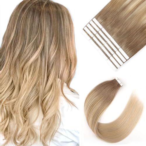 Sixstarhair Tape in Hair Extensions Balayage Hair Made Of 100 Human Hair Balayage Tape In Extensions Ombre Ash Brown Fading to Dirty Blonde Highlight Ash blonde [B8-18-60 16inch]