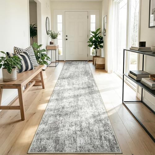 DEFYNEE Teppich Läufer 60 x 300 cm, rutschfest Flur Teppich, Kurzflor Küchenteppich, Waschbar, Faltbar, Abstraktes Design für Eingang, Küche, Wohnzimmer & Büro, Grauweiß