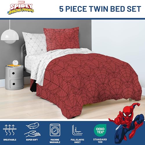 Image of Marvel Spiderman Twin Comforter Set 5 Piece Bedding for Boys, Red